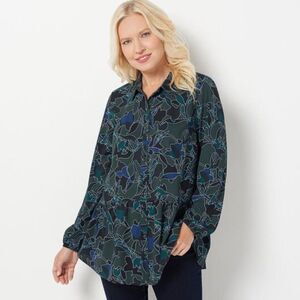 LOGO S Green Blue Black Floral Button Front Tiered Hem Long Sleeve Tunic Top